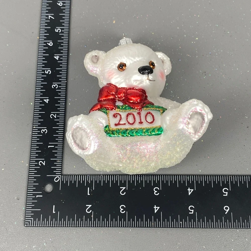 Old World Christmas 2010 Polar Bear Cub Glass Holiday Ornament White Glitter